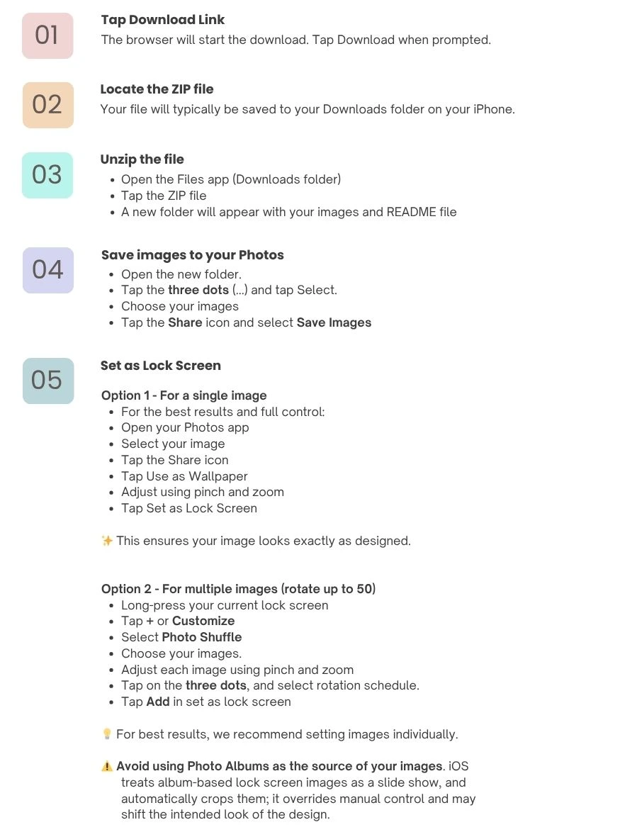 iPhone lock screen setup guide showing how to download, unzip, and set wallpaper correctly